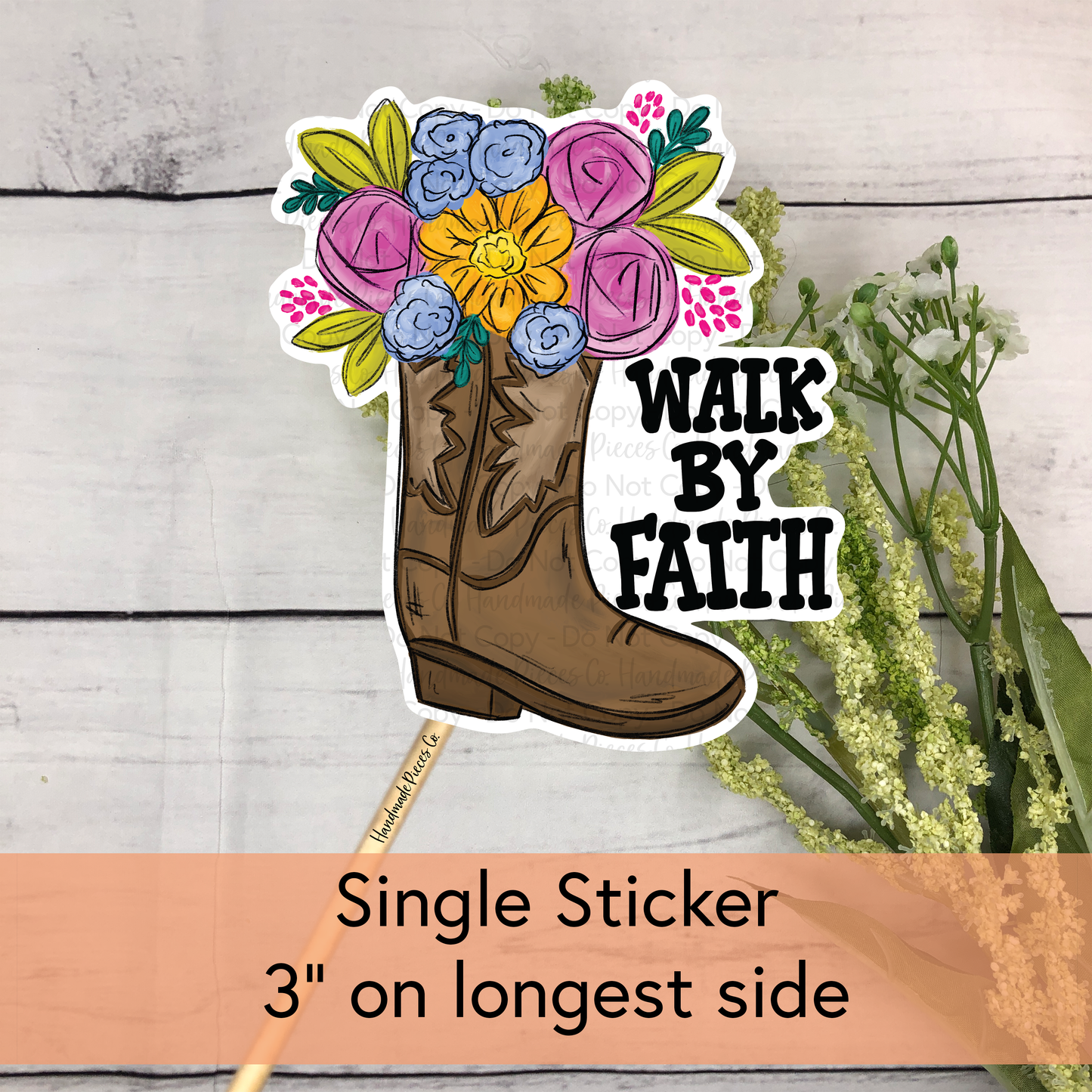 Floral Boot, Walk By Faith - Vinyl Sticker
