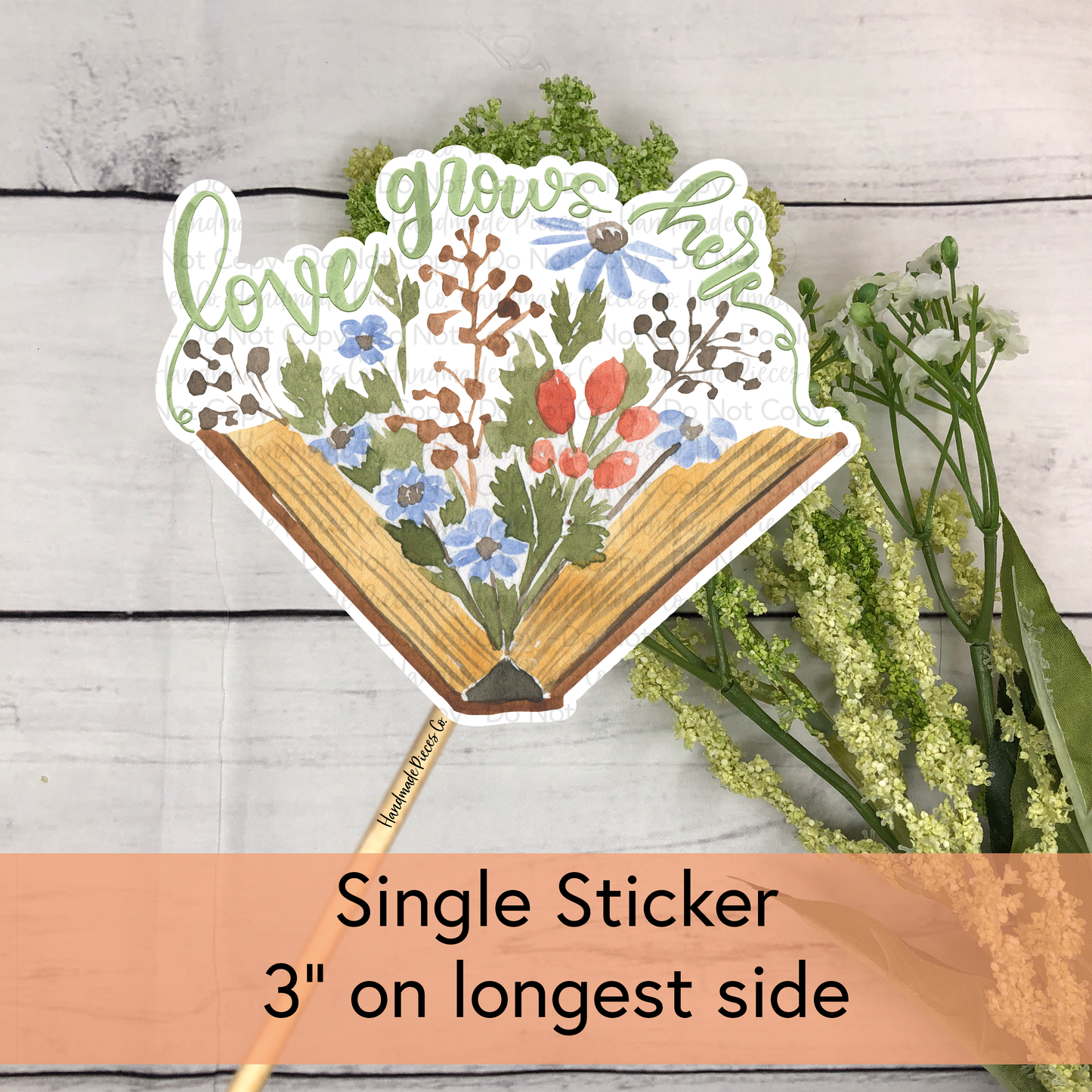 Love Grows Here, Floral Book - Vinyl Sticker