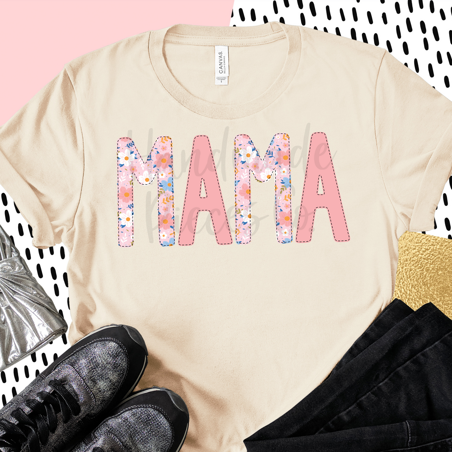Mama PNG, Colorful Garden Floral with Faux Bean Stitch, Pink 2 - Digital Download