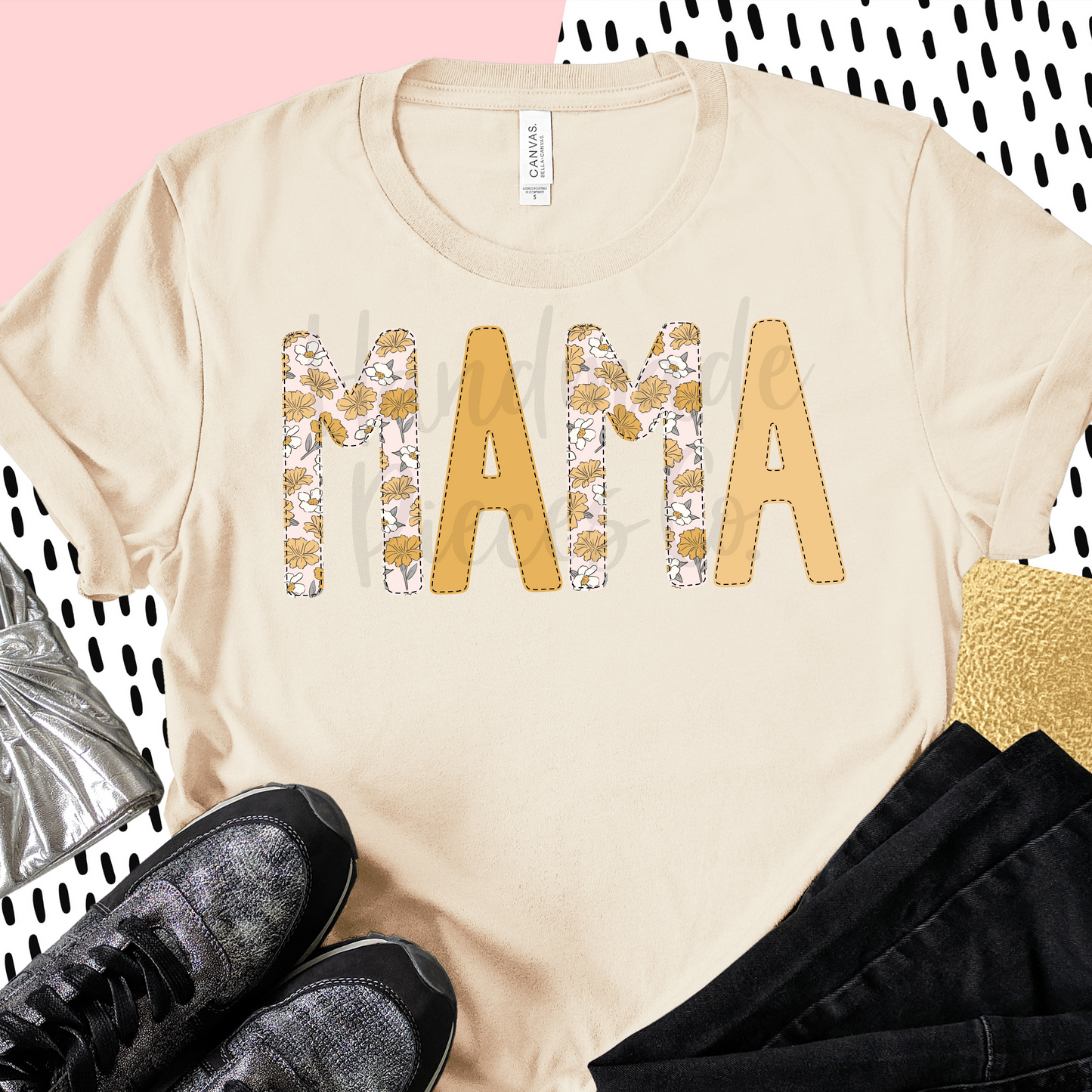 Mama PNG, Marigolds Floral with Faux Bean Stitch, Pink 2 - Digital Download