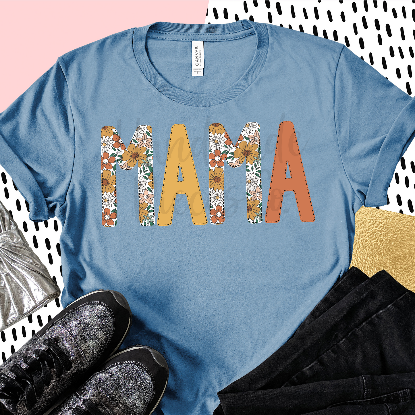 Mama PNG, Retro Summer Floral with Faux Bean Stitch - Digital Download