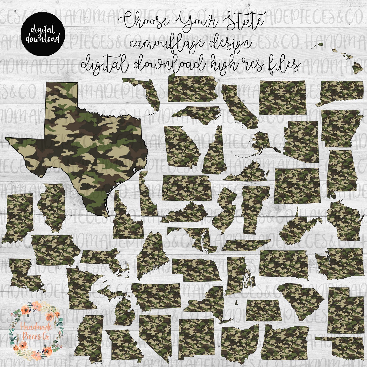 Camouflage State Outline - Multiple States - Digital Download