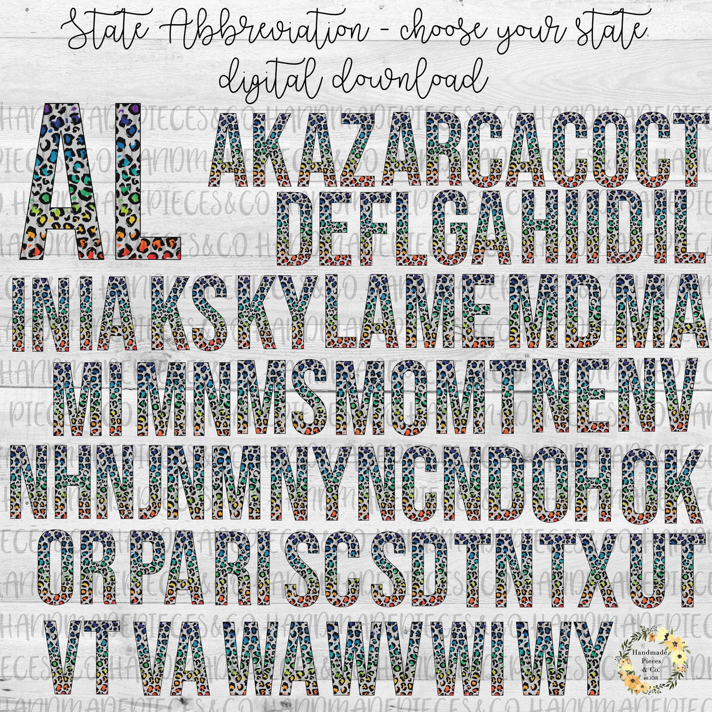 State Abbreviation, Rainbow Leopard Spots - Multiple States - Digital Download
