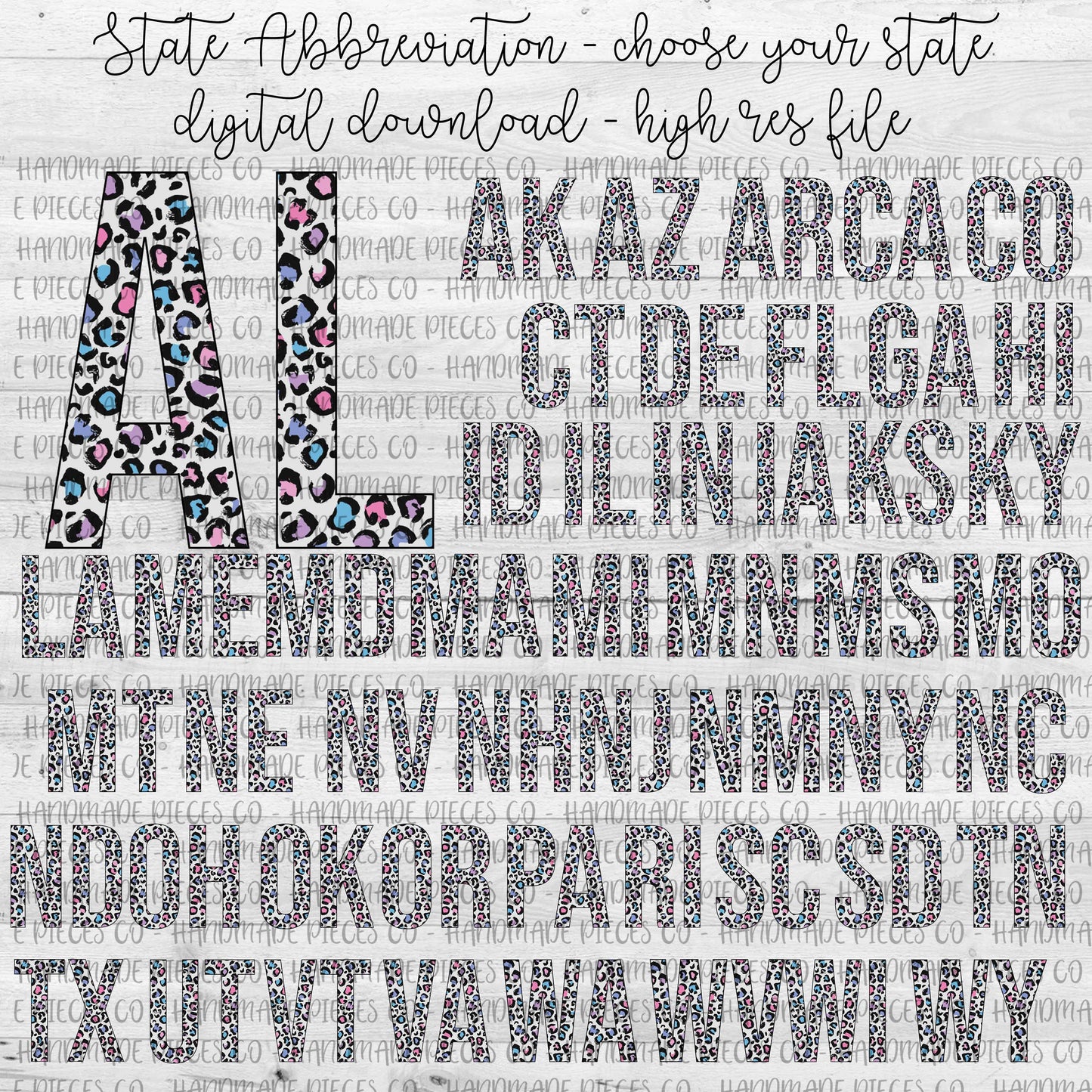 State Abbreviation, Leopard Spring Pastel - Multiple States - Digital Download