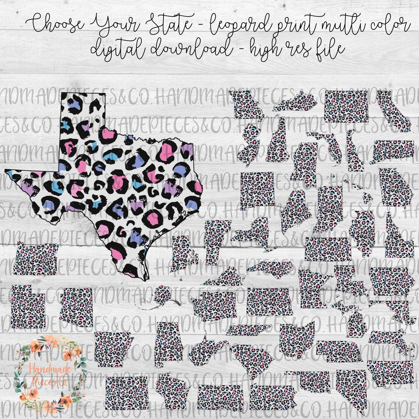 State Outline, Leopard Spring Pastel - Multiple States - Digital Download