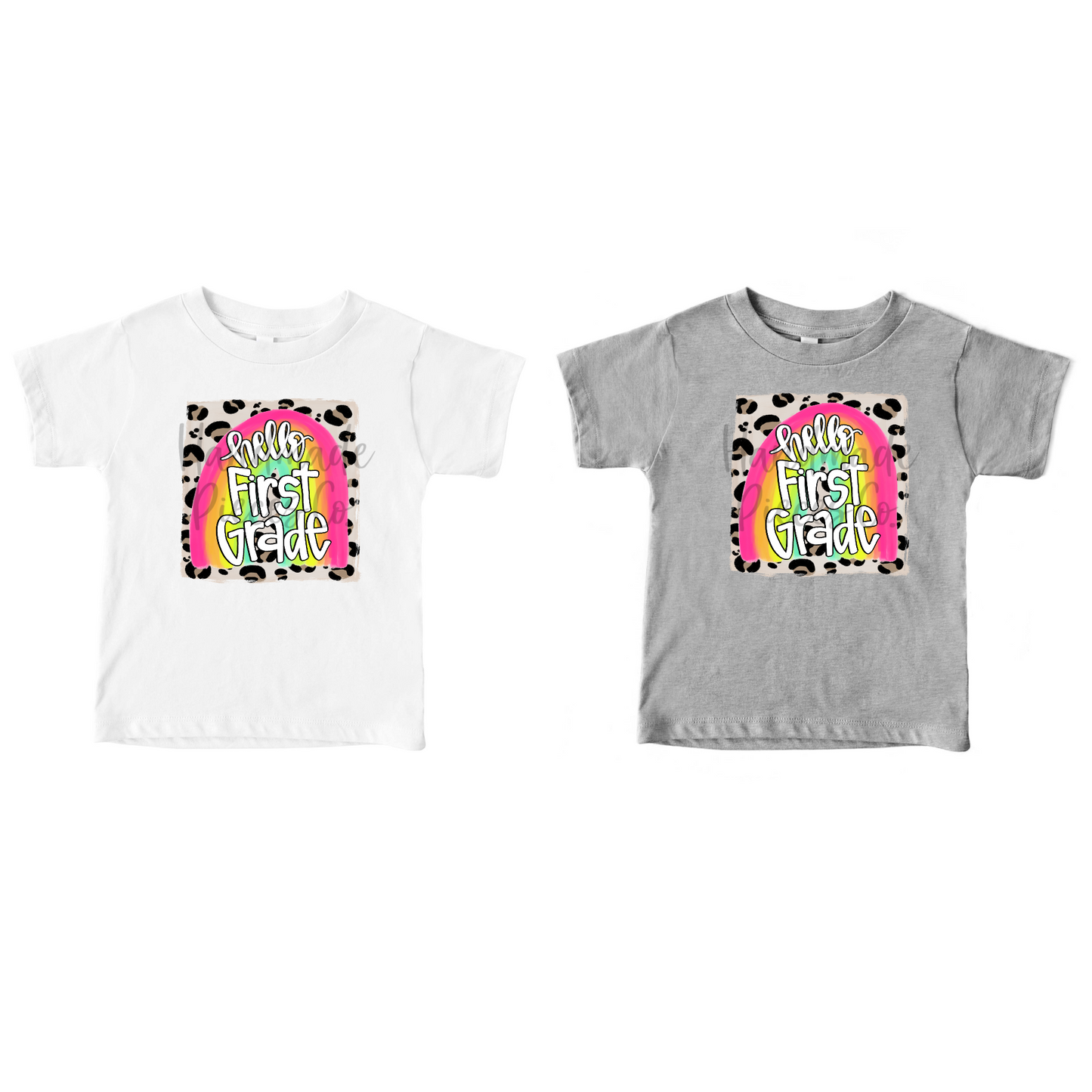 Hello First Grade, Rainbow with Leopard Background - Sublimation or HTV Transfer