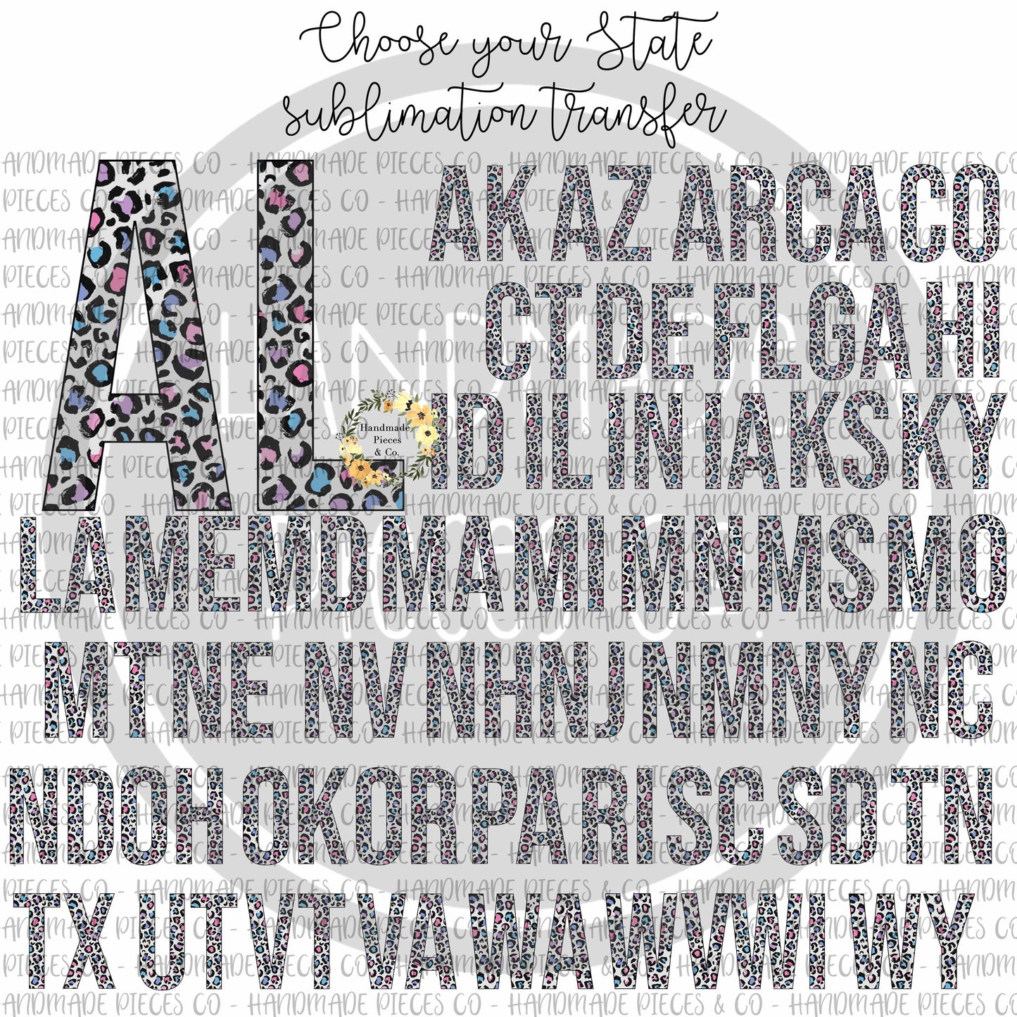 State Abbreviation, Leopard Spring Pastel - Sublimation or HTV Transfer