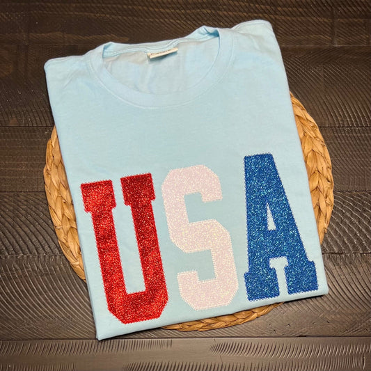 USA Glitter Embroidered Applique Shirt - Youth/Adult
