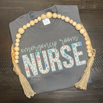 Create Your Own Nurse Appliqué with Text Above Embroidered Garment - Adult