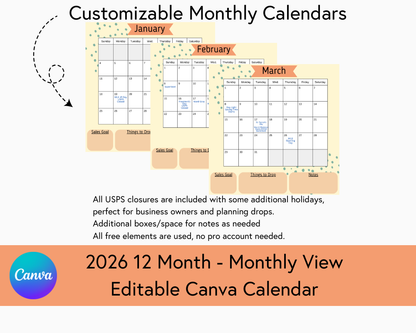 2026 12 Month Calendar - Monthly View - Canva Template