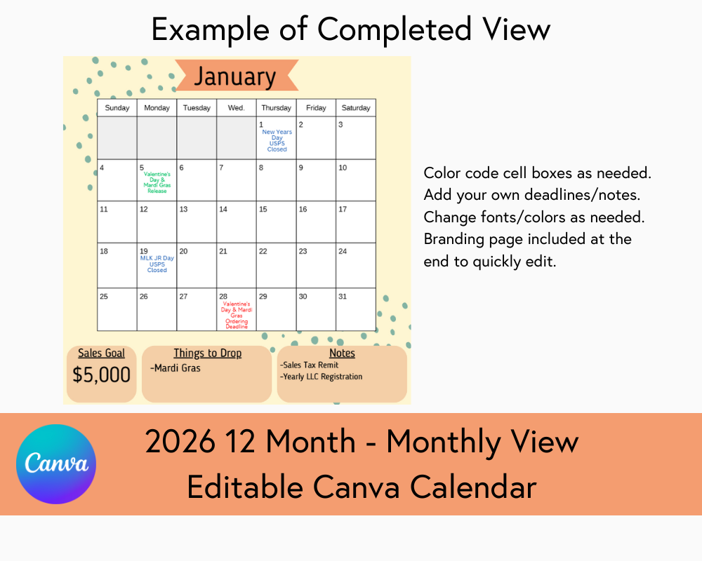 2026 12 Month Calendar - Monthly View - Canva Template
