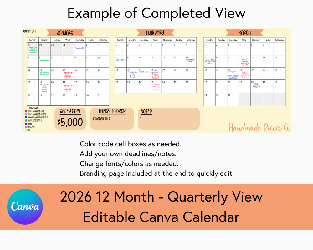 2026 12 Month Calendar - Quarter View - Canva Template