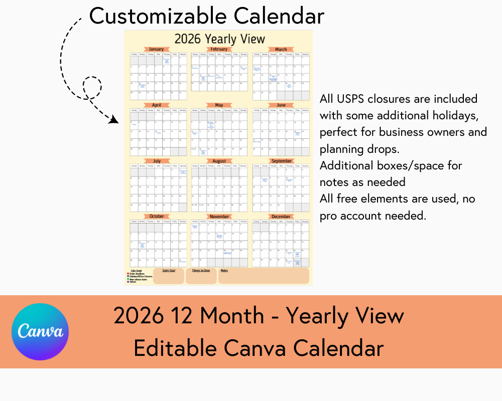 2026 12 Month Calendar - Yearly View - Canva Template