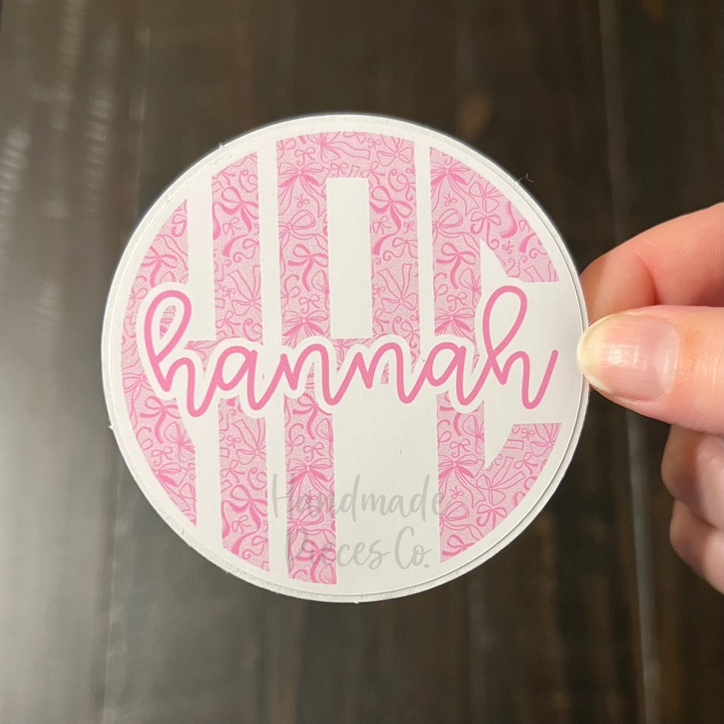 Circle Monogram and Name Vinyl Decal, Pink Coquette Bows