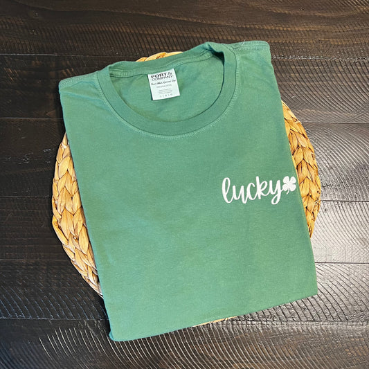 Lucky Script with Mini Shamrock Embroidered Garment - Youth/Adult