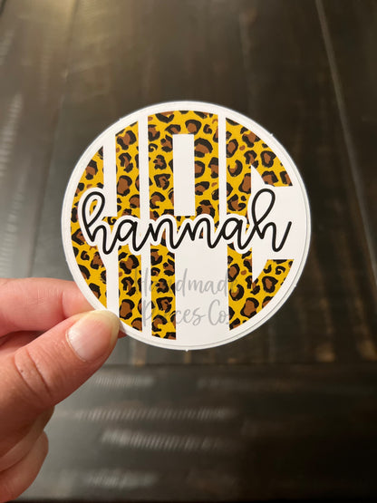 Circle Monogram and Name Vinyl Decal, Leopard