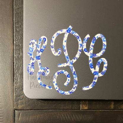 Circle Script Monogram Vinyl Decal, Blue Florals