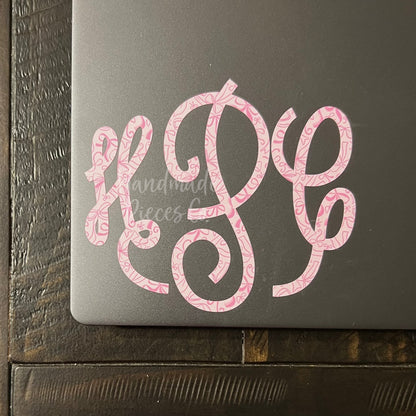 Circle Script Monogram Vinyl Decal, Pink Coquette Bows