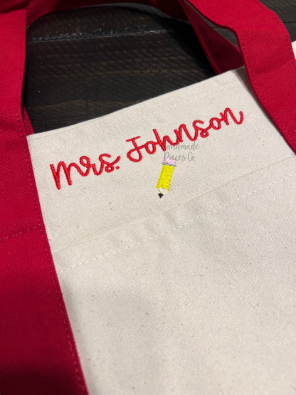 Embroidered Teacher Tote Bag