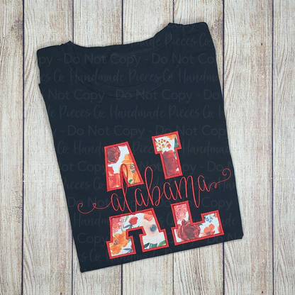 State Abbreviation with Name Embroidered Applique Garment, Split Design - Satin Stitch - Adult