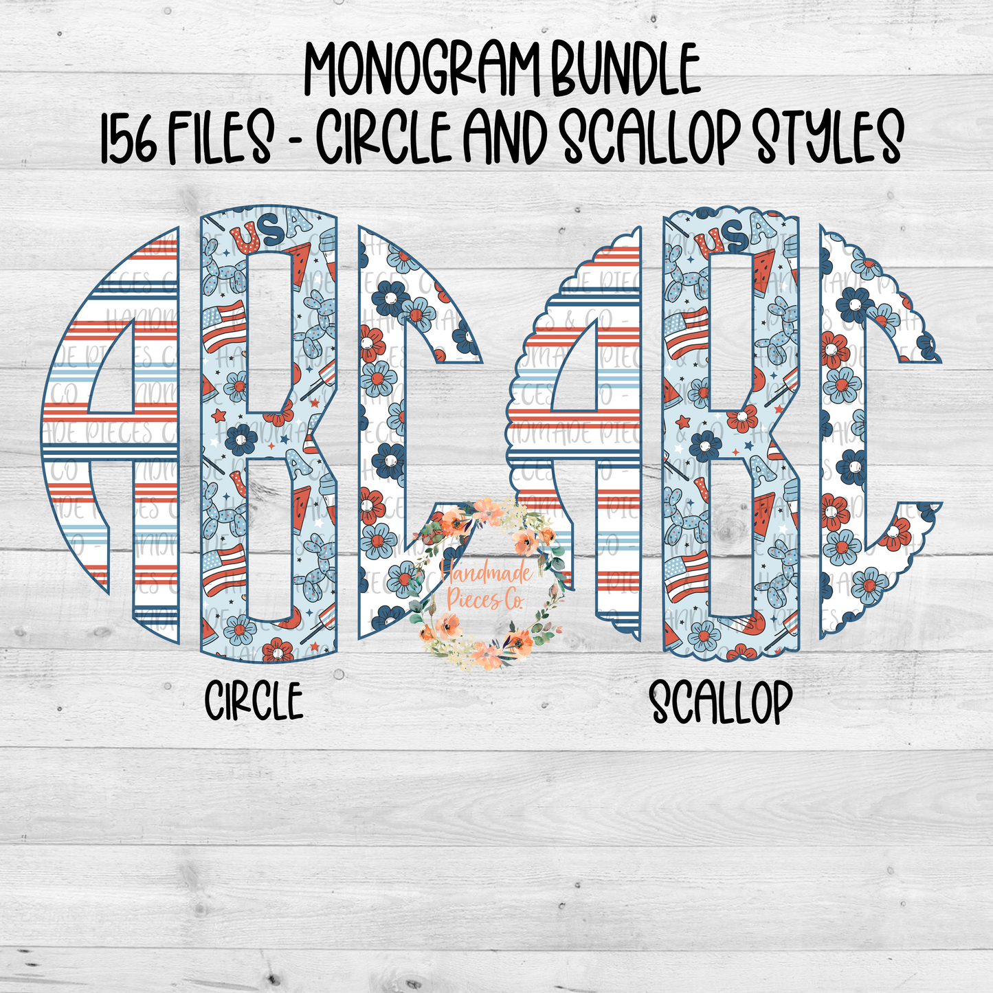 July Fourth Retro Monogram, Trio 1 Blue - Multiple Styles - Digital Download