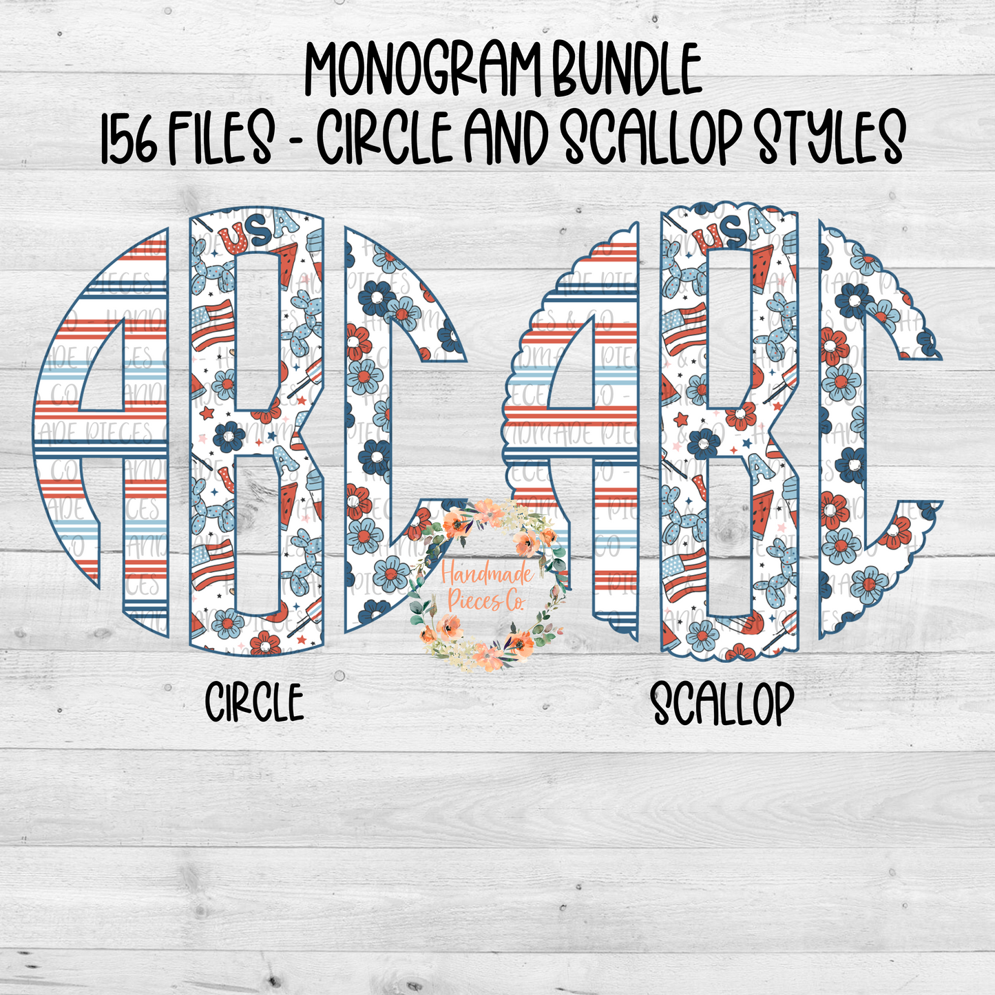 July Fourth Retro Monogram, Trio 1 White - Multiple Styles - Digital Download