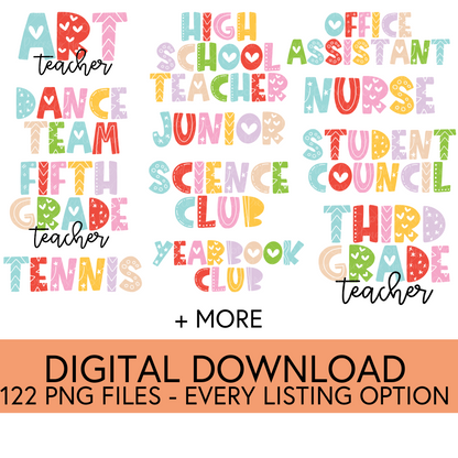 Colorful Teachers, Grades, and School Clubs PNGs - Digital Download