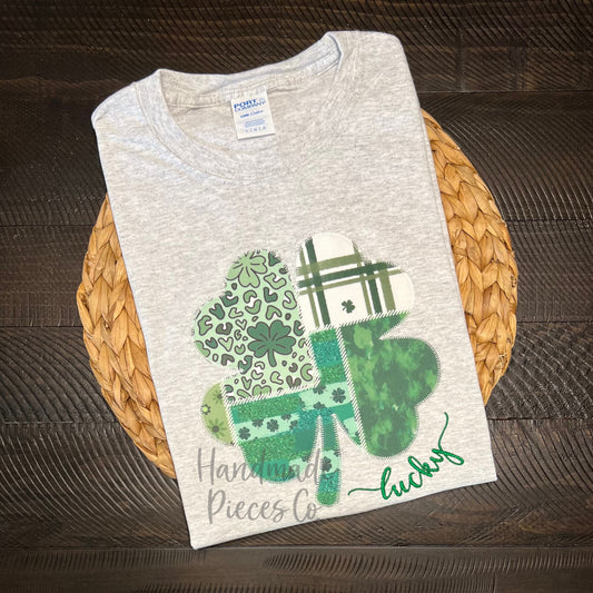 Patchwork Shamrock Applique Embroidered T-Shirt - Youth/Adult