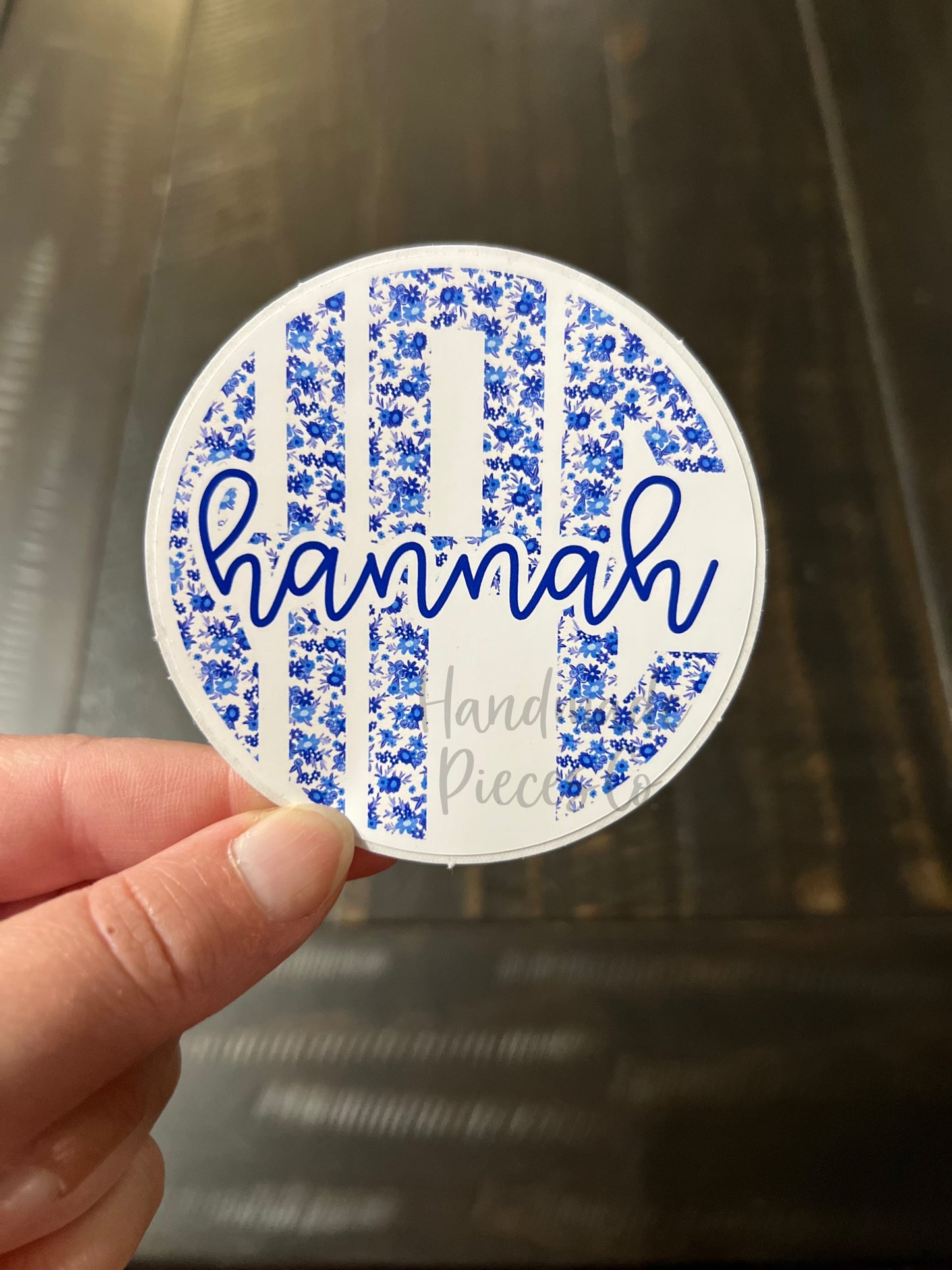 Circle Monogram and Name Vinyl Decal, Blue Florals
