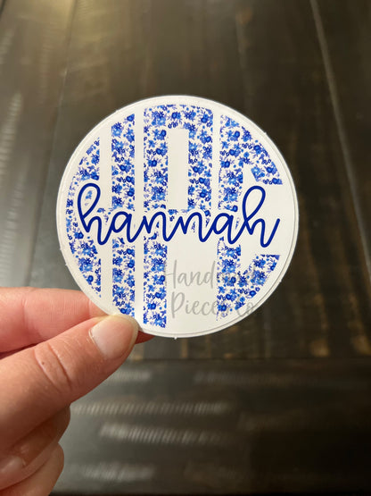 Circle Monogram and Name Vinyl Decal, Blue Florals