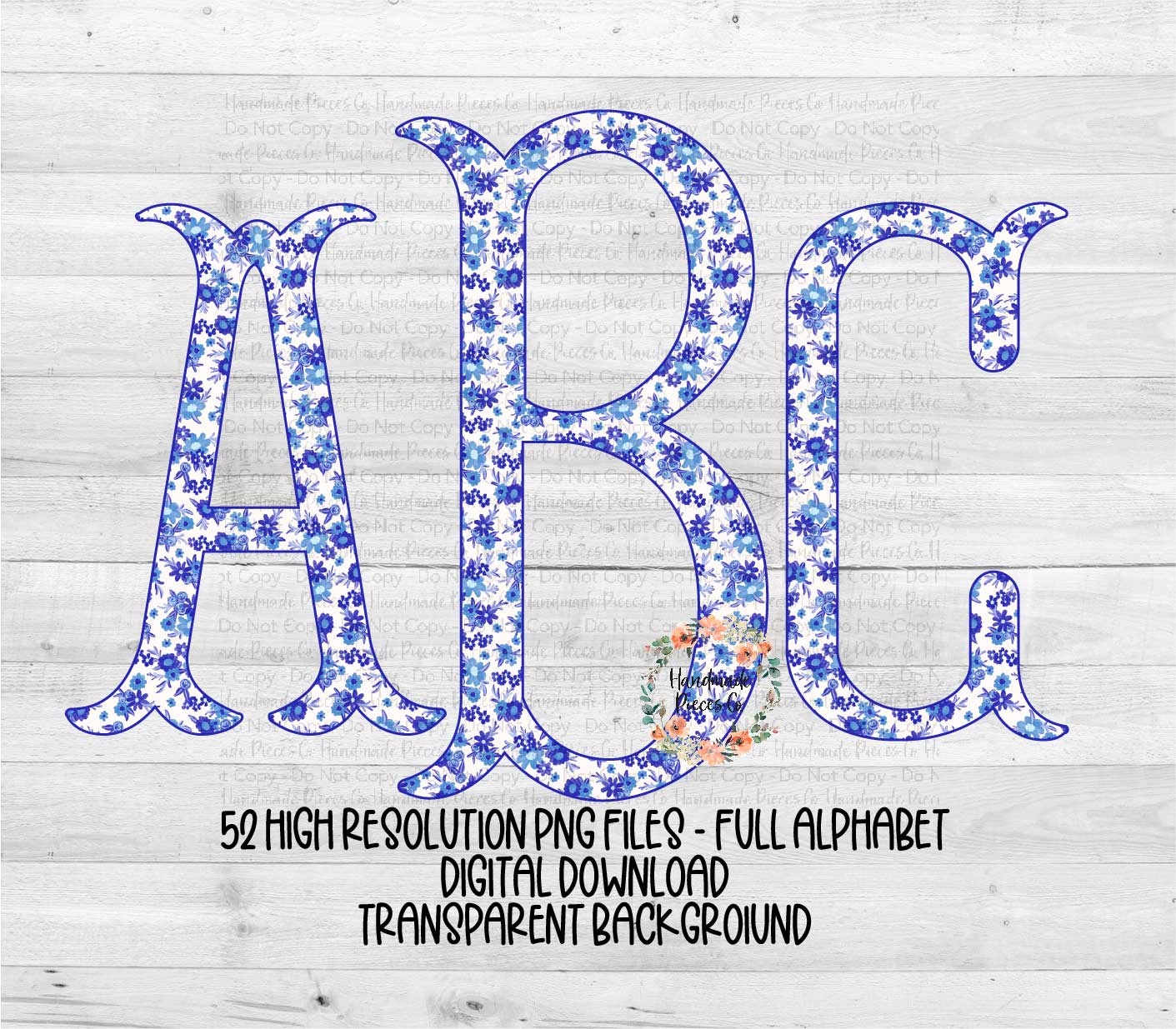 Watercolor Blue Dainty Floral Monogram - Multiple Styles - Digital Download