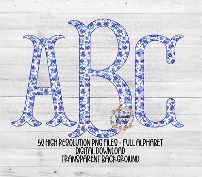 Watercolor Blue Dainty Floral Monogram - Multiple Styles - Digital Download