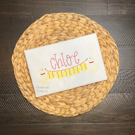 Dogs Holding Baseballs/Softballs Embroidered Shirt, Name Optional - Youth