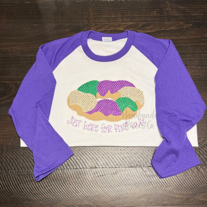 Just Here for the King Cake Embroidered Applique Raglan - Adult