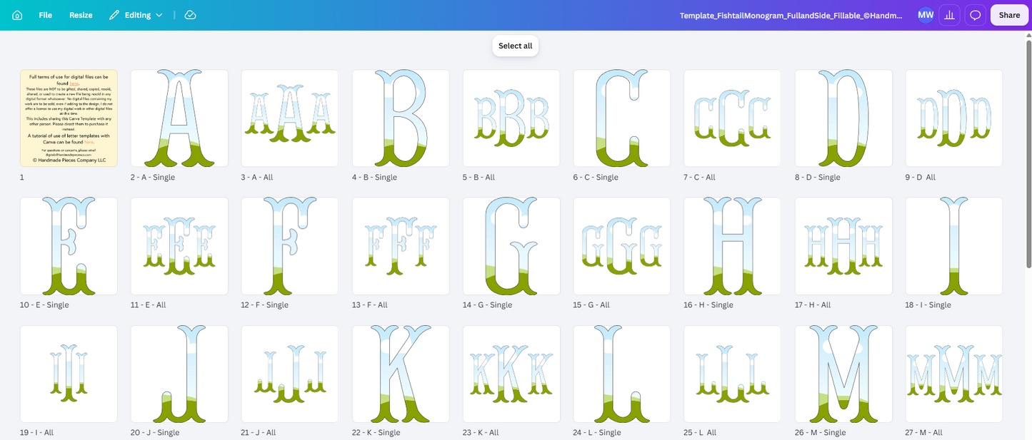 Fillable Canva Fishtail Monogram Set - Digital Download