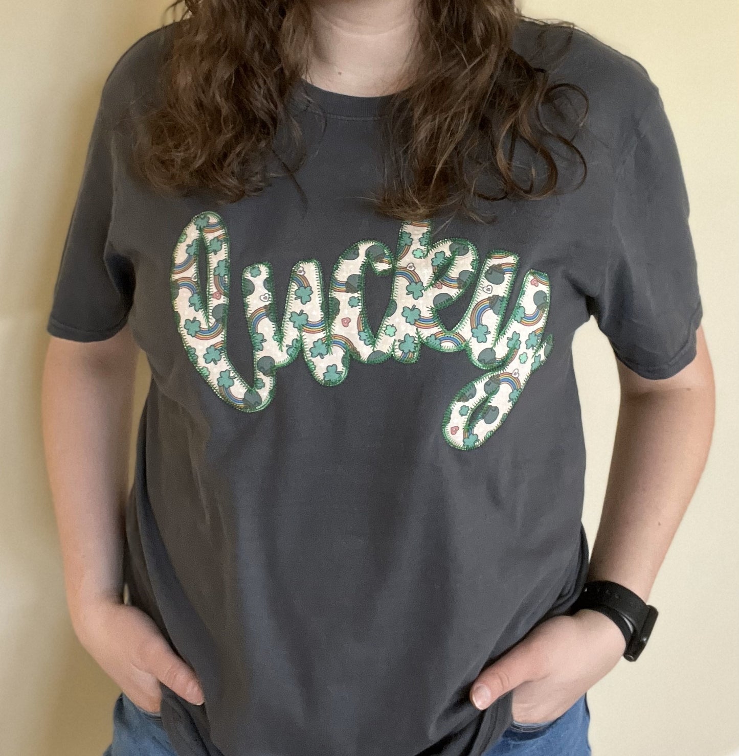 Lucky Applique Embroidered Garment, Script - Youth/Adult