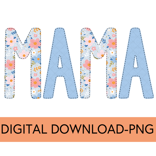 Mama PNG, Colorful Garden Floral with Faux Bean Stitch, Blue 2 - Digital Download