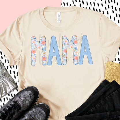Mama PNG, Colorful Garden Floral with Faux Bean Stitch, Blue 2 - Digital Download