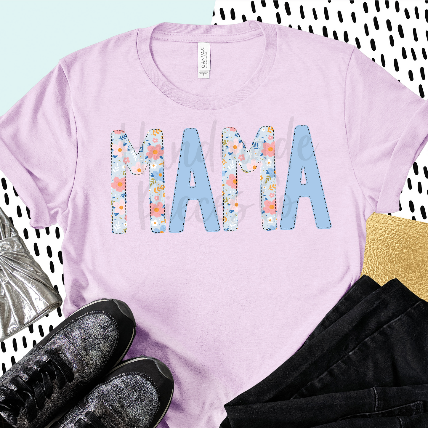 Mama PNG, Colorful Garden Floral with Faux Bean Stitch, Blue 2 - Digital Download