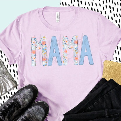Mama PNG, Colorful Garden Floral with Faux Bean Stitch, Blue 2 - Digital Download
