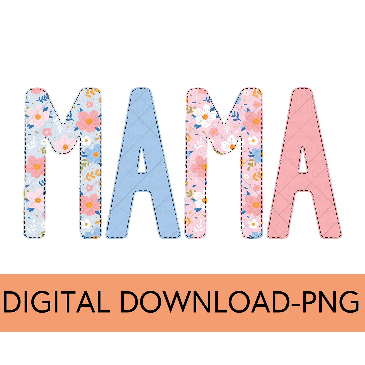 Mama PNG, Colorful Garden Floral with Faux Bean Stitch, Blue and Pink - Digital Download