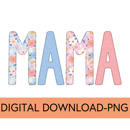 Mama PNG, Colorful Garden Floral with Faux Bean Stitch, Blue and Pink - Digital Download