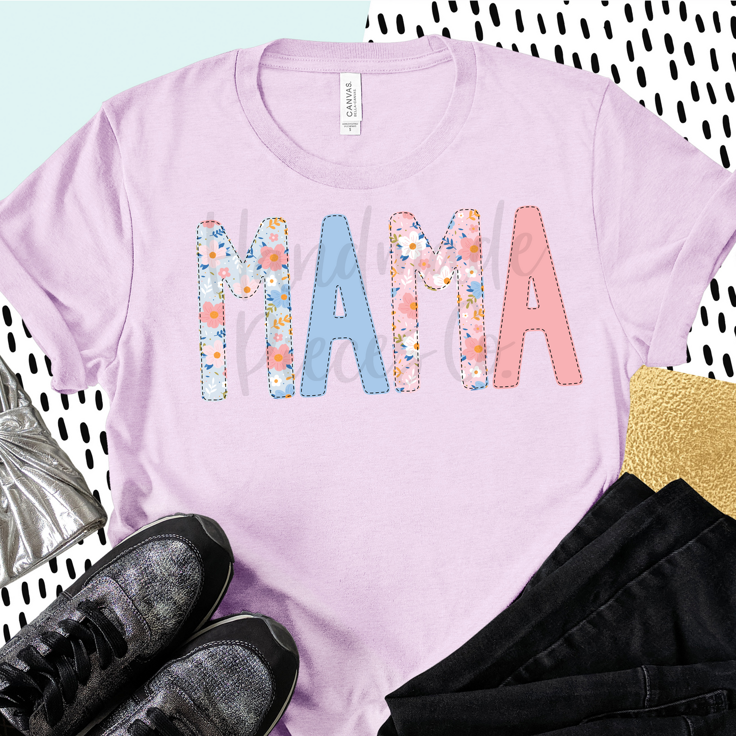 Mama PNG, Colorful Garden Floral with Faux Bean Stitch, Blue and Pink - Digital Download