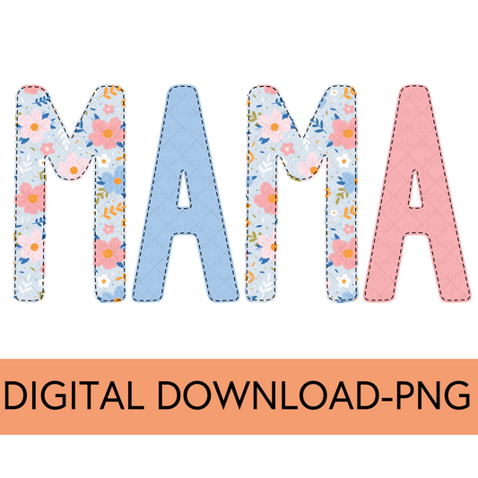 Mama PNG, Colorful Garden Floral with Faux Bean Stitch, Blue 1 - Digital Download