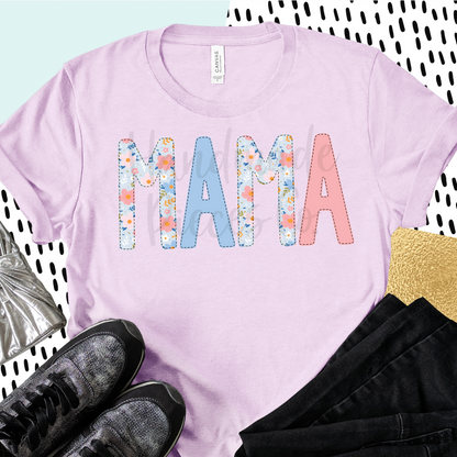 Mama PNG, Colorful Garden Floral with Faux Bean Stitch, Blue 1 - Digital Download