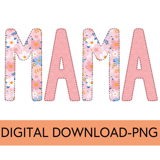 Mama PNG, Colorful Garden Floral with Faux Bean Stitch, Pink 2 - Digital Download