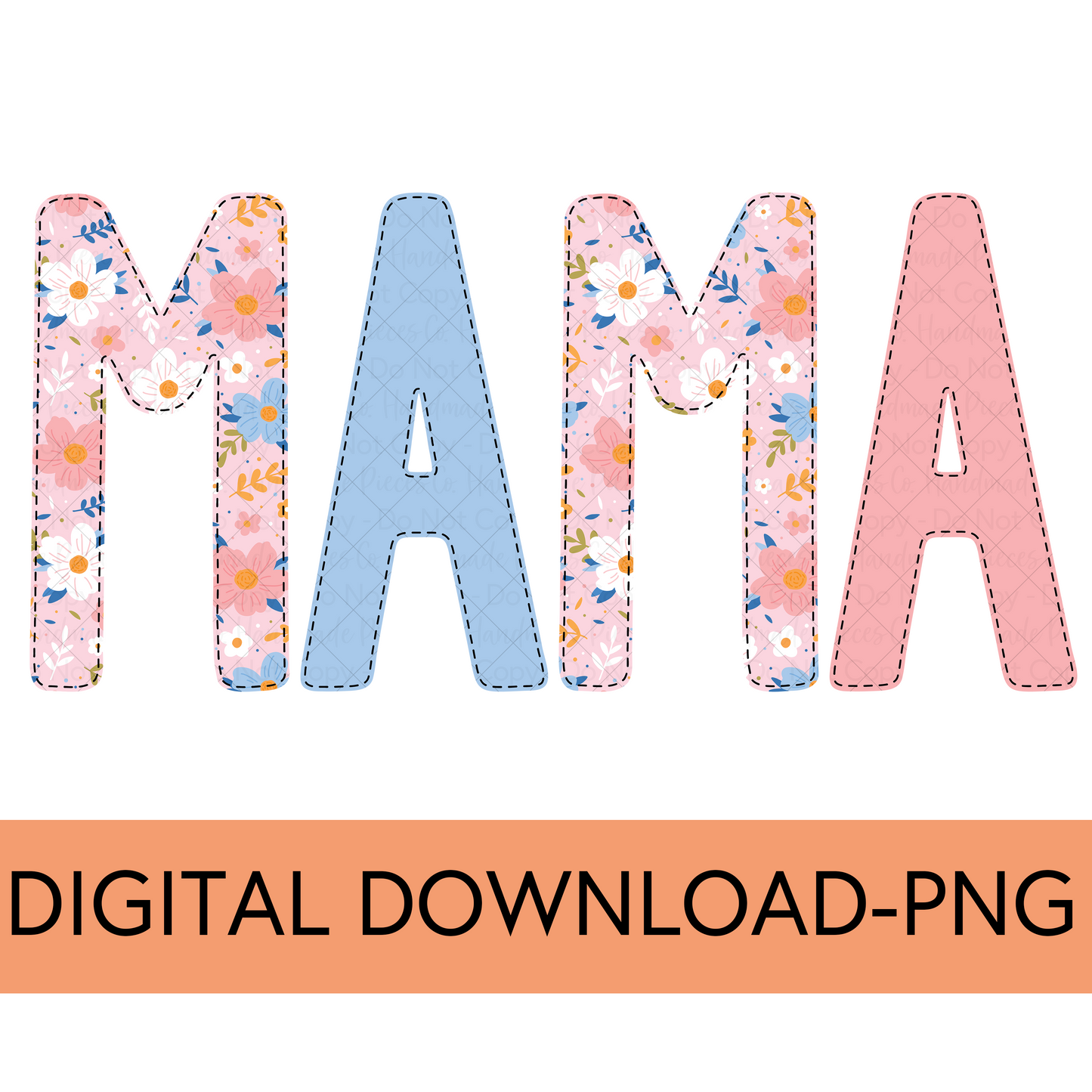 Mama PNG, Colorful Garden Floral with Faux Bean Stitch, Pink 1 - Digital Download