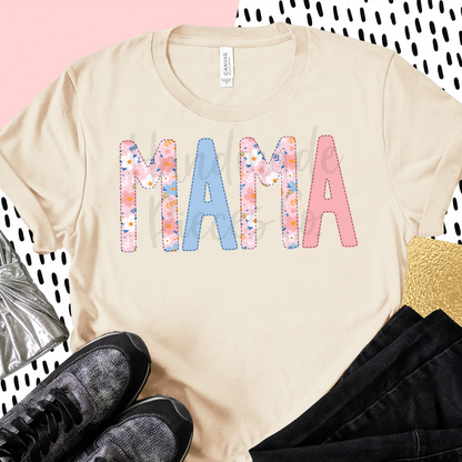 Mama PNG, Colorful Garden Floral with Faux Bean Stitch, Pink 1 - Digital Download