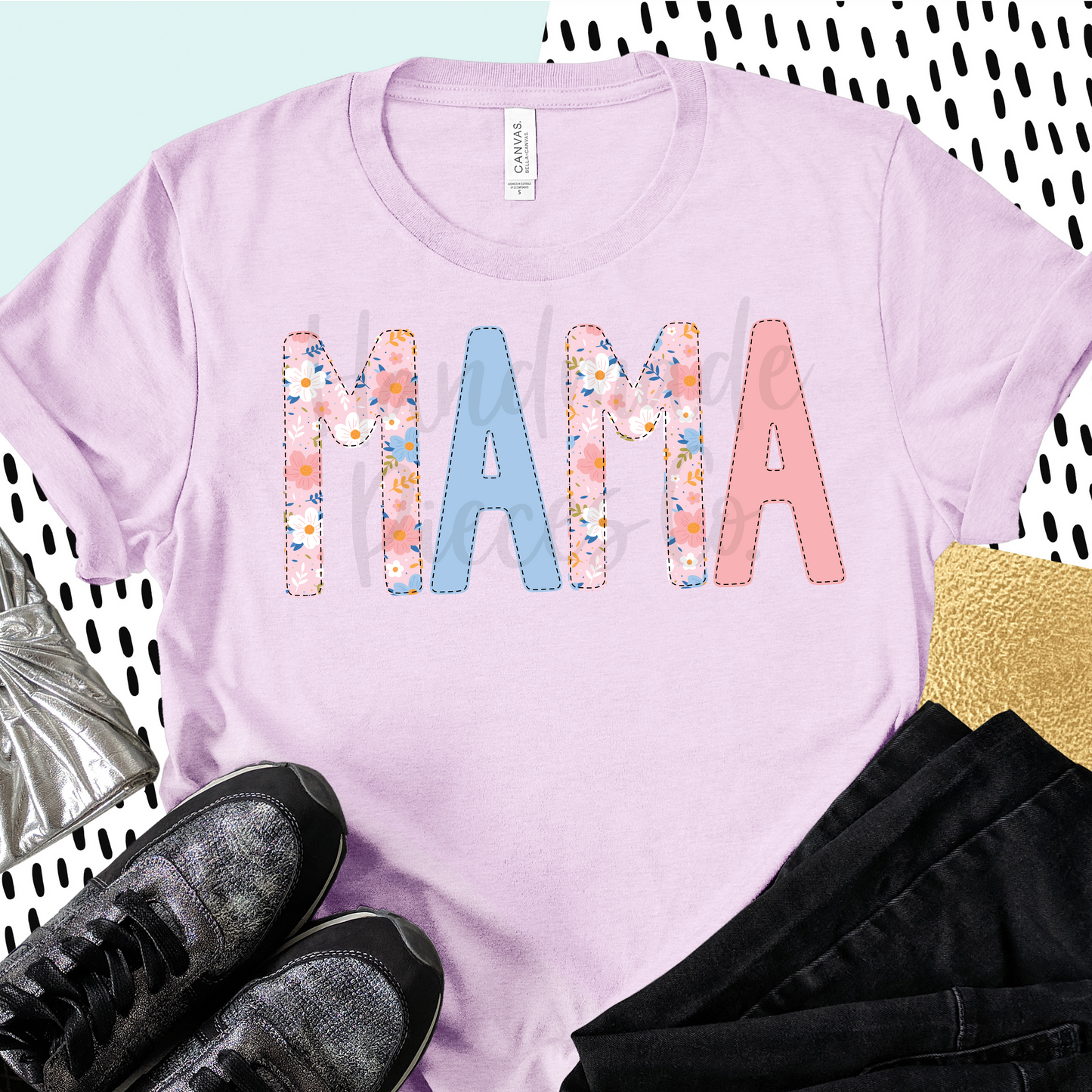 Mama PNG, Colorful Garden Floral with Faux Bean Stitch, Pink 1 - Digital Download