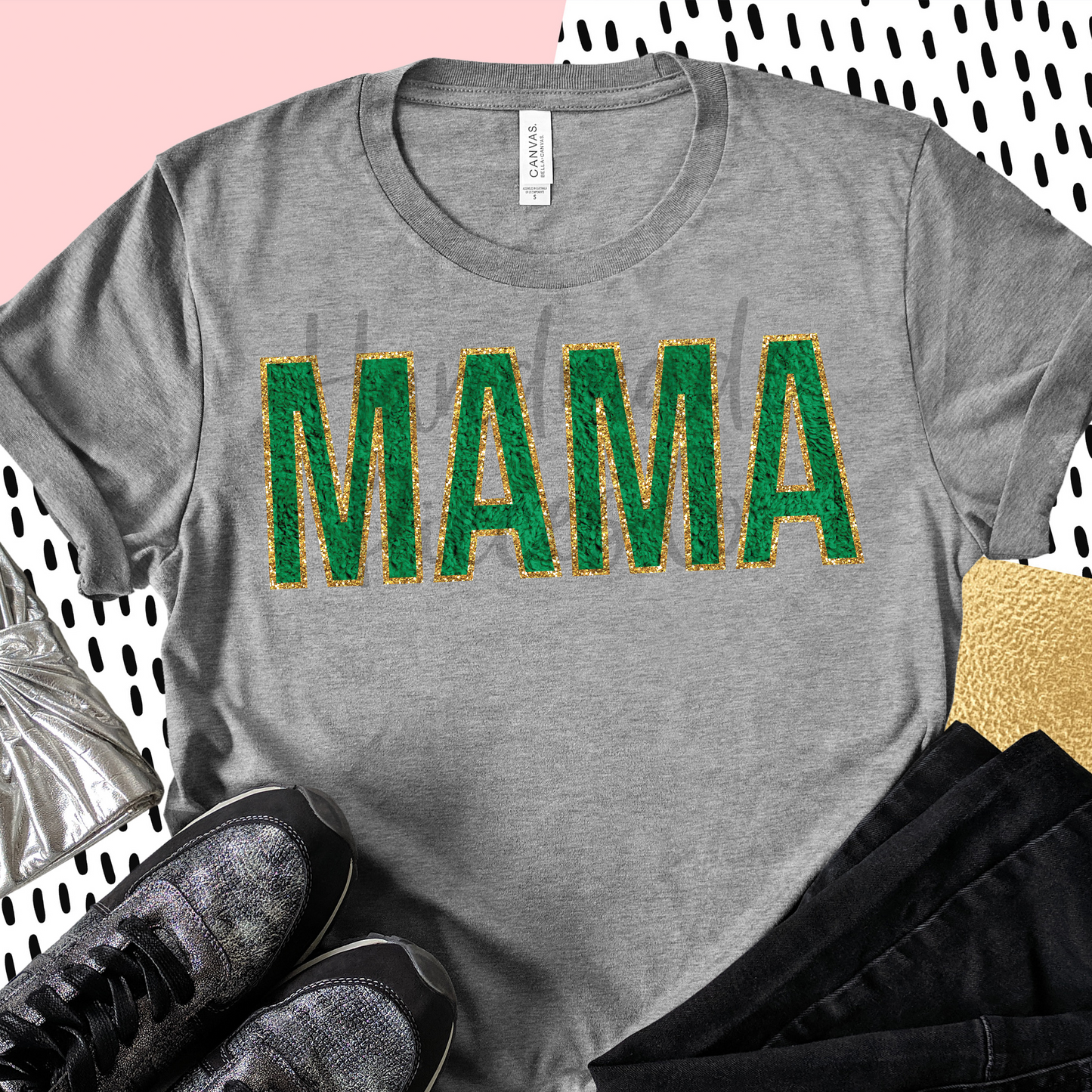 Mama, Chenille - Green with Gold Outline - Digital Download